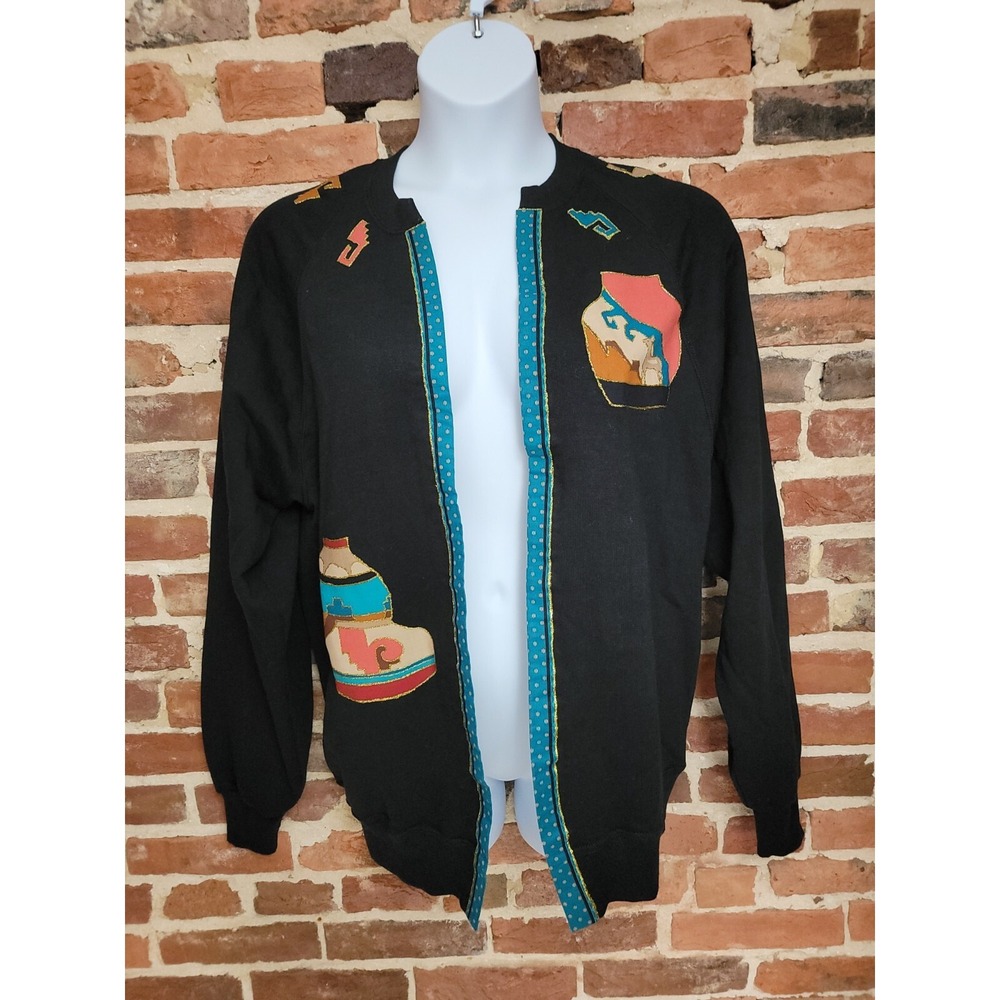 JERZEES Jacket Women‎ 2XL Black Appliqué Southwest Pottery Aztec Print Made USA